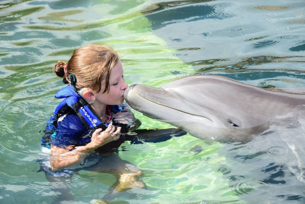 Morgan Keely swimming with dolphins