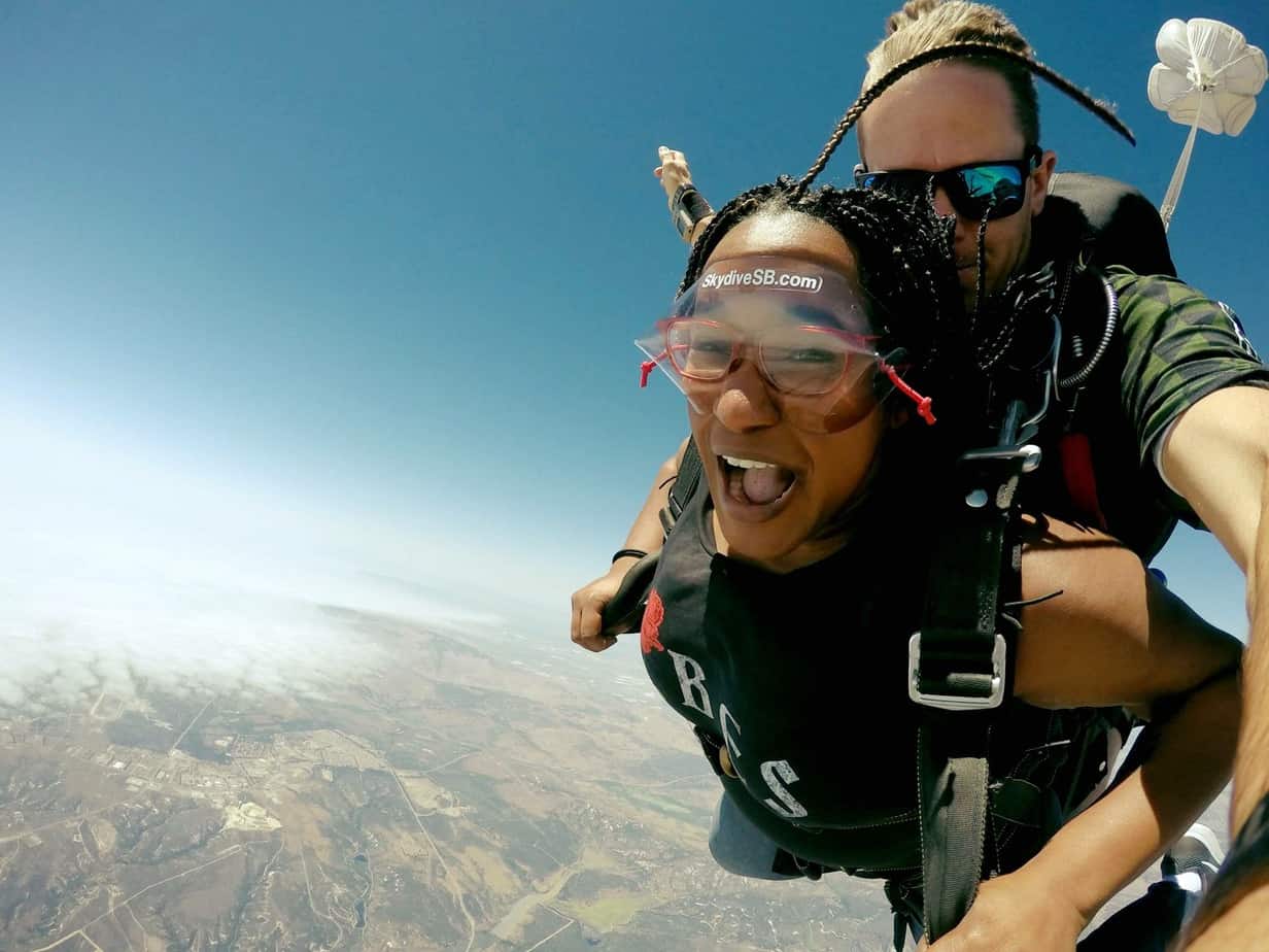 Heather, with single-sided deafness, skydiving
