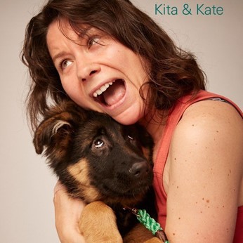 Cochlear employee with hearing loss, Kate, with her dog Kita