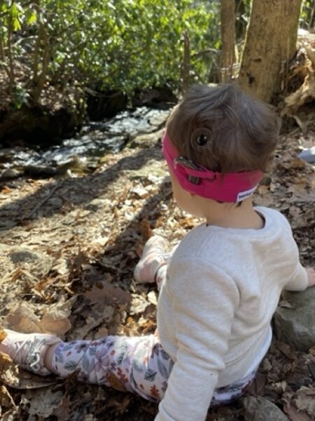 Penelope, who is deaf in both ears, sitting on a trail in nature. 