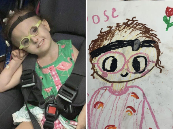 Rose who uses a Baha Sound Processor on a Softband for her Edwards syndrome with a drawing of her and her Baha. 