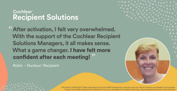 Recipient testimonial speaking about the positive support she received from the Cochlear Recipient Solution Managers in a virtual session; hearing rehab education