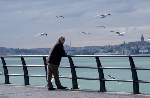 Man on a bridge looking out at the water with seagulls flying overhead; hearing practice exercises
