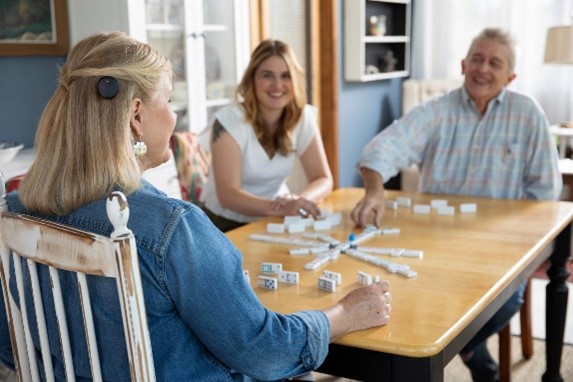 A recipient, practicing her hearing rehabilitation using her listening and conversation skills, playing dominos at a table with her family; recipient top resources.