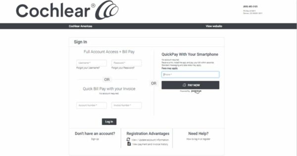 A screenshot showing the sign in screen of the Cochlear online payment portal