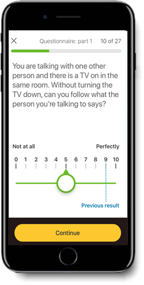 Cochlear's Connected Care solution, Remote Check on a compatible mobile phone asking how well you hear when someone is talking, while a TV us on in the same room.