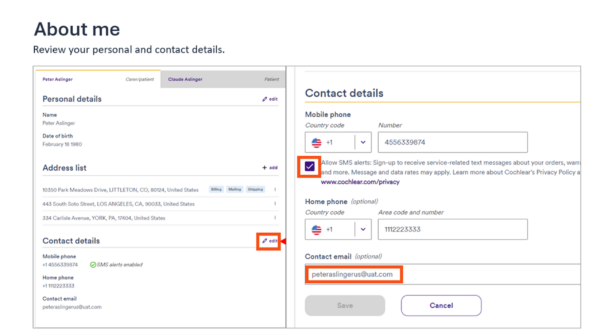 The About Me section of a sample recipient account on Cochlear.com showing where to update contact details as a part of the Cochlear account new features for 2025.