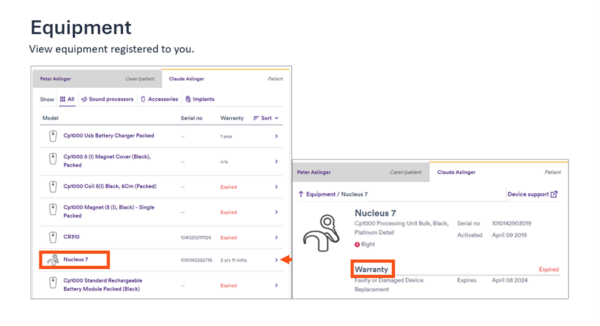 The Equipment section of a sample recipient account on Cochlear.com showing equipment details and warranty information as a part of the Cochlear account new features for 2025.