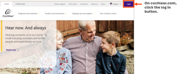 The Cochlear website, showing the login button for you to access your Cochlear account new features for 2025.