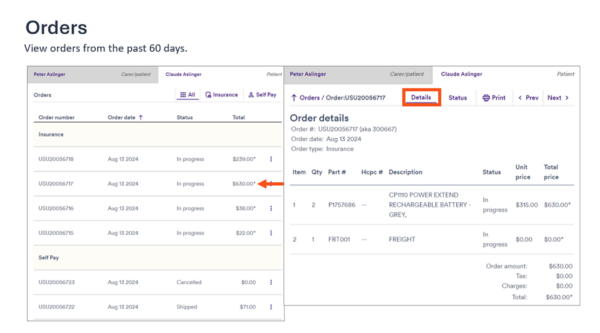 The Orders section of a sample recipient account on Cochlear.com showing order details for orders placed as a part of the Cochlear account new features for 2025.