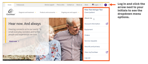 The Login button on Cochlear.com cochlear.com showing where to log in to access Cochlear account new features for 2025.