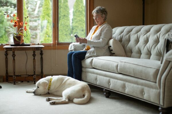 A woman sits on a sofa looking at her mobile phone. A yellow Labrador retriever sits by her feet.
