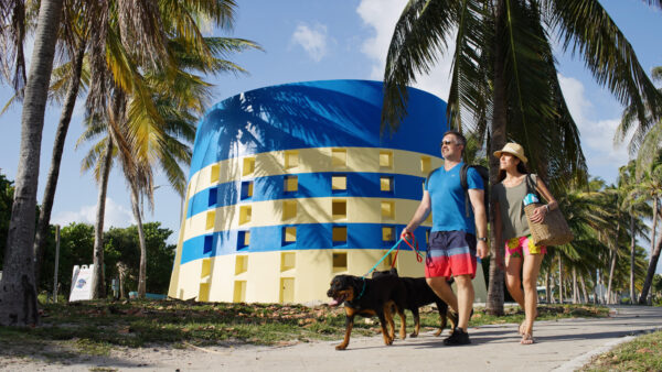 Couple walking on the beach with their dogs; travel checklist with a cochlear implant.