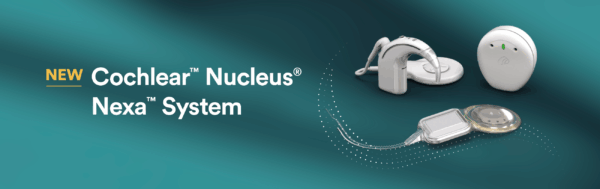 A picture of the brand new Nucleus Nexa Implant, Nucleus 8 Nexa and Nucleus Kanso 3 Sound Processors shown in white in a graphic that reads "New Cochlear Nucleus Nexa System"