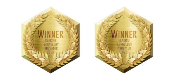 A picture of two award logos side by side, that are gold and read "Winner Hearing Technology Innovator Award 2025."