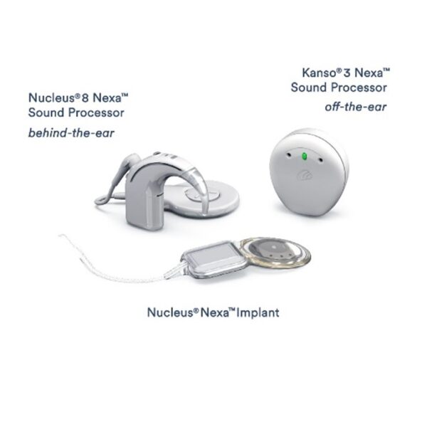 Pictured is the Nucleus Nexa System, including the Nucleus Nexa Implant, the Nucleus 8 Nexa Sound Processor and the Kanso 3 Nexa Sound Processor grouped together with labels of each device and their function. 