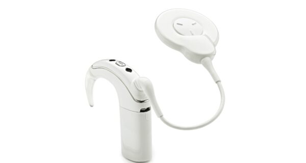 A white Cochlear™ Nucleus® 7 Sound Processor.
