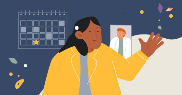 Cartoon image of a recipient wearing a Kanso 3 Sound Processor with a calendar behind them; planning early for a Cochlear sound processor upgrade