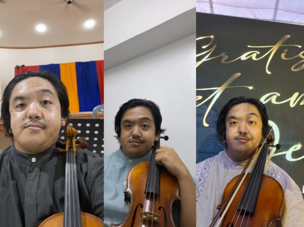 Daniel, a bilateral Baha System recipient shown in 3 consecutive photos posing with his violin (far left) and viola (middle, far right) across his shoulder.