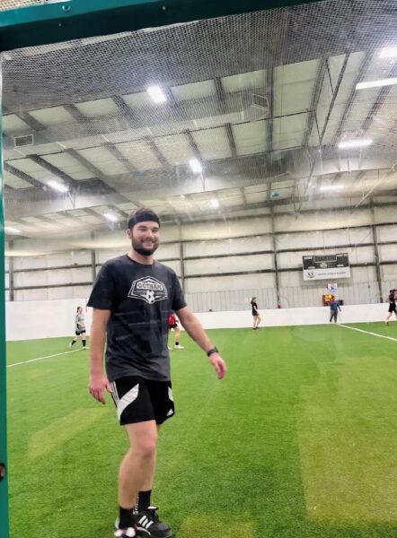 Broc, the 2025 Hear-o of the Year, playing indoor soccer.