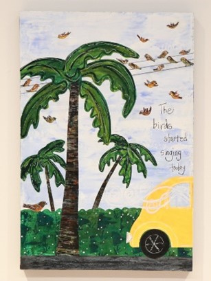 an outdoor scene with palm trees, birds, and a yellow car; inspire us recipient artwork blog