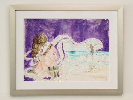 woman in floral headband with a vision of someone dancing on the beach; inspire us recipient artwork blog